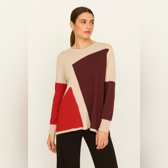 EXUS Beige Red Colorblock Geometric Sweater Size XL Modern Long Sleeve Knit - Picture 1 of 15